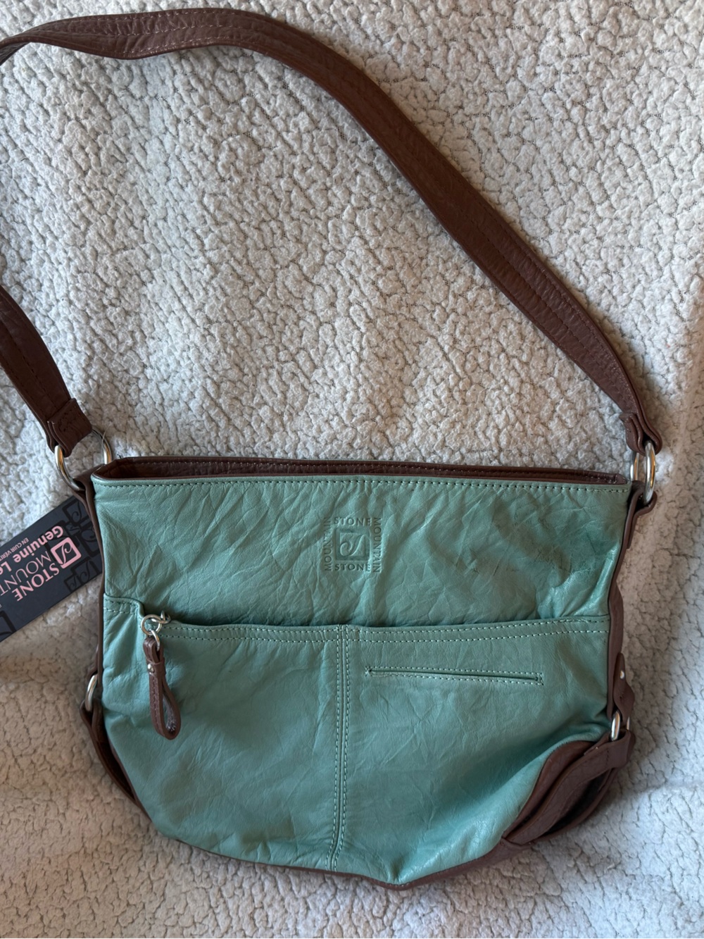 Stone Mountain Ice Blue Leather Crossbody with Tan Trim